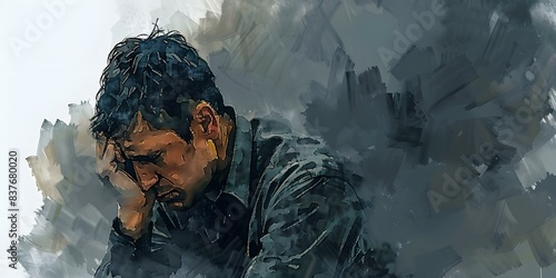 A man is sitting on a bench with his head in his hands