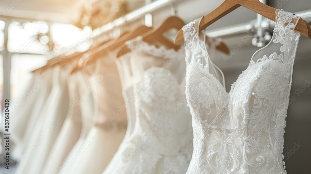 A row of bridal gowns hangs taut on a rack in a bridal shop, sunlight filtering in through the window, softly blurring the foreground A row of bridal gowns hangs taut on a rack in a bridal shop, sunlight filtering in through the window, softly blurring the foreground