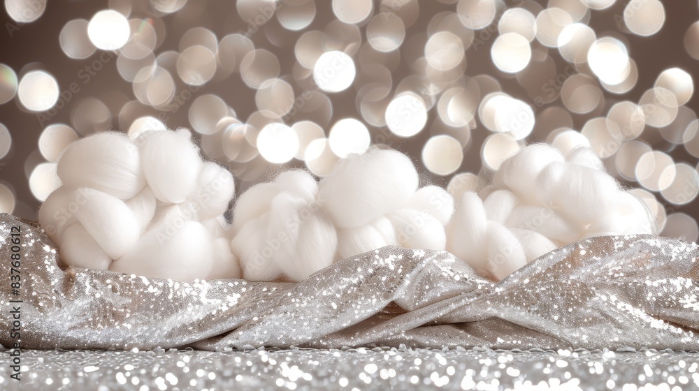 A pile of white balls sits on a white cloth-covered table Nearby, there's another pile of silver and white sequins A pile of white balls sits on a white cloth-covered table Nearby, there's another pile of silver and white sequins