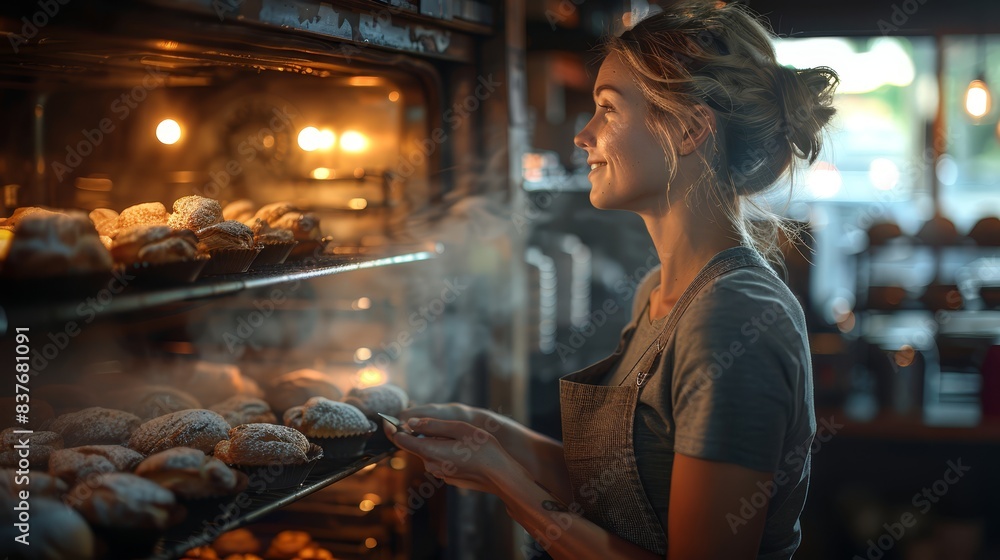 A woman holds a tray of donuts in front of a donut rack, near a display case in a bakery A woman holds a tray of donuts in front of a donut rack, near a display case in a bakery