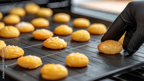  A person in a black glove reaches for pastries on a conveyor belt The belt is laden with trays bearing powdered doughnuts