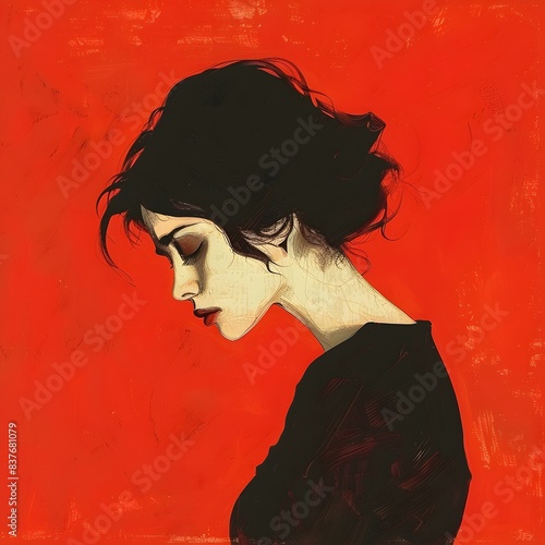 A painting of a woman with black hair and red lips photo
