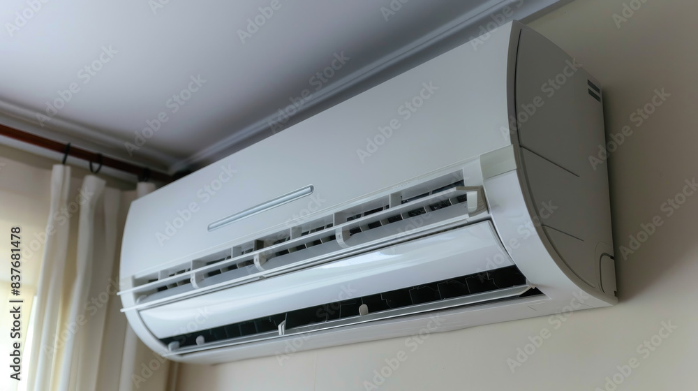 The air conditioner is on the wall. The air conditioner is on the wall.