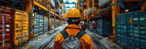 Worker in protective gear walking through a warehouse filled with shipping containers and industrial equipment.