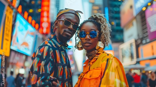 Fashionable Couple in Vibrant Streetwear Showcasing Bold Prints and Colors in Lively Urban Cityscape photo