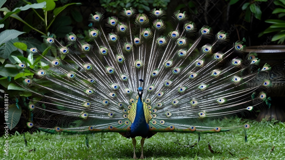 Obraz premium Vibrant Peacock Displaying Its Elaborate Feathers in Lush Green Setting