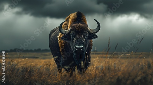 Powerful Buffalo Braving the Stormy Grassland Landscape