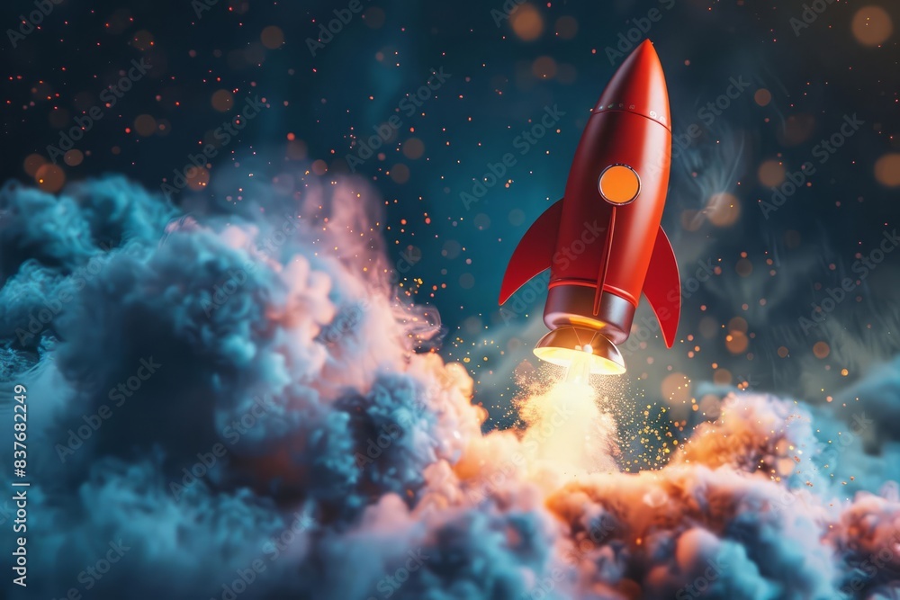 Flames and smoke billow from the red rocket as it propels upwards with fierce determination Flames and smoke billow from the red rocket as it propels upwards with fierce determination