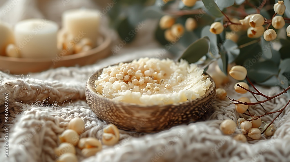 Various Shea butter products on a soft fabric background with sprigs of eucalyptus and scattered seeds. Various Shea butter products on a soft fabric background with sprigs of eucalyptus and scattered seeds.