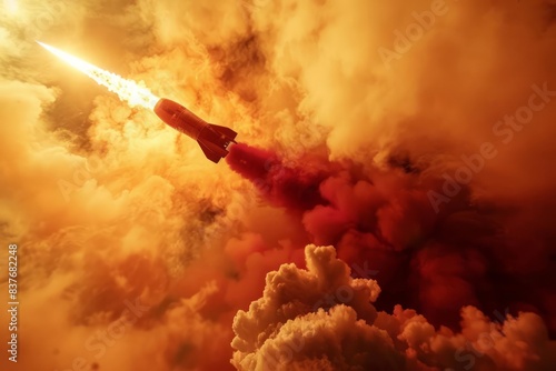 Flames and smoke billow from the red rocket as it propels upwards with fierce determination photo