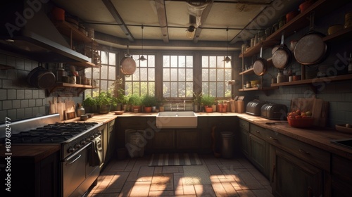 Empty beautiful modern kitchen interior background in clean and bright.