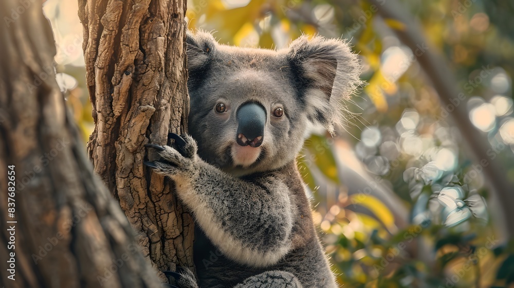 Fototapeta premium Curious Koala Peeking from Behind Tree in Serene Wildlife Portrait