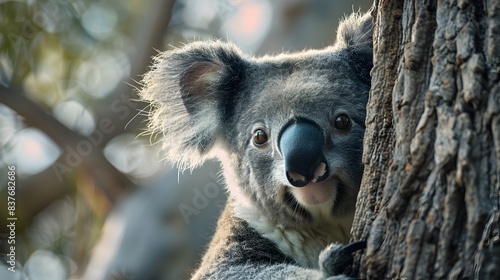 Curious Koala Peeking Out from Behind Eucalyptus Tree with Serene Expression