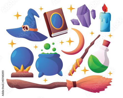 Black Magic Wizard Fantasy Flat Style Elements Set