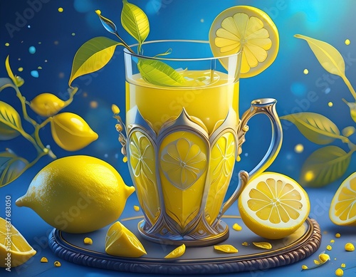 glass of lemonade Lemon juice on blue background