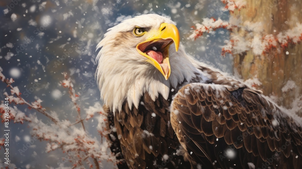 Happy eagle rejoices in first snow. Happy eagle rejoices in first snow.