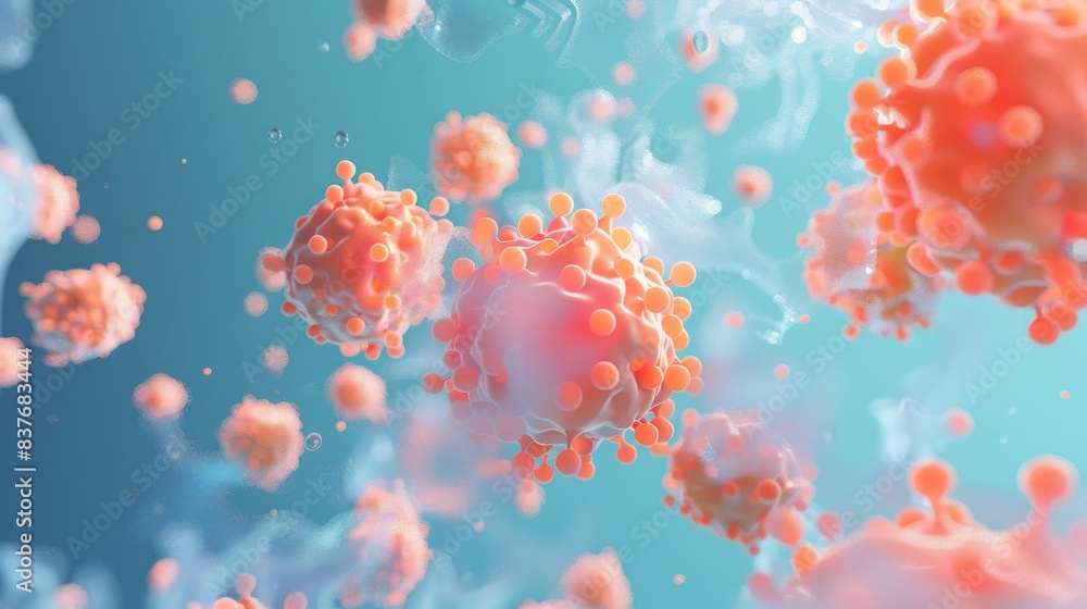 3D rendering of virus or bacteria cells. Microscopic view of virus or bacteria cells. Virus or bacteria cells floating in a liquid. 3D rendering of virus or bacteria cells. Microscopic view of virus or bacteria cells. Virus or bacteria cells floating in a liquid.