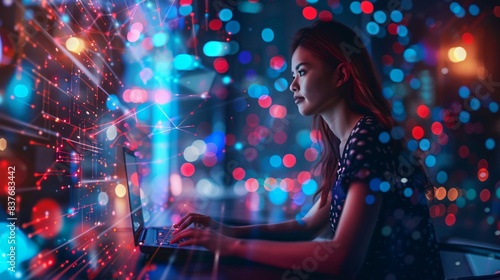 Female operating laptop against bright colorful light backdrop photo