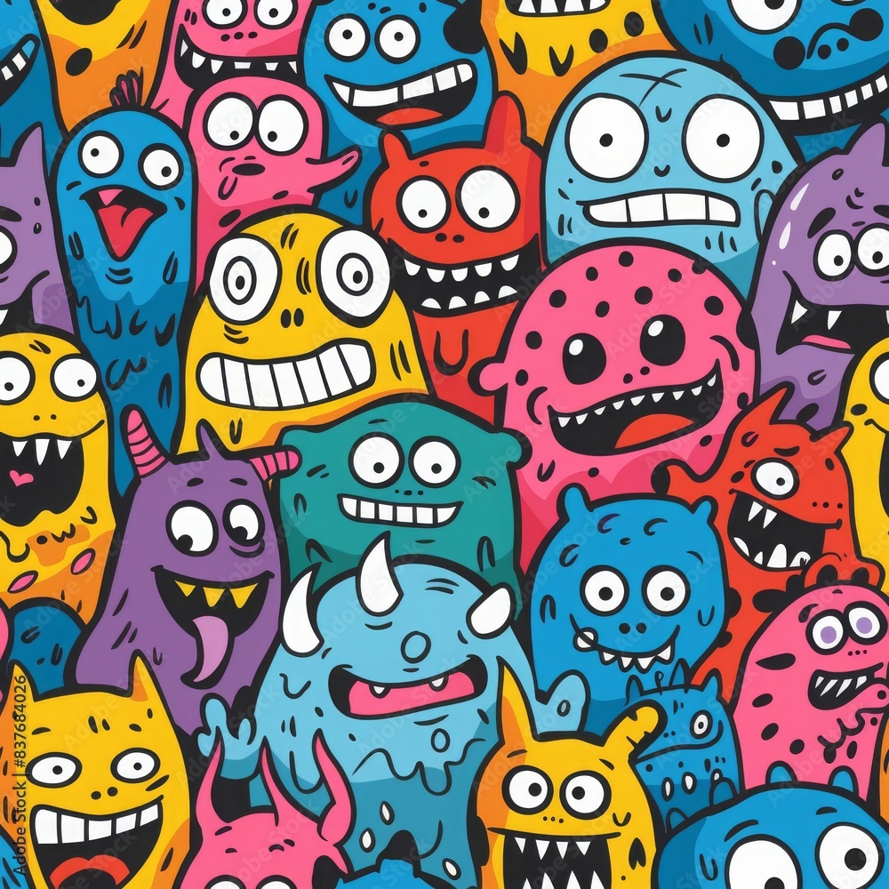 Funny and Colorful Cartoon Monsters seamless pattren