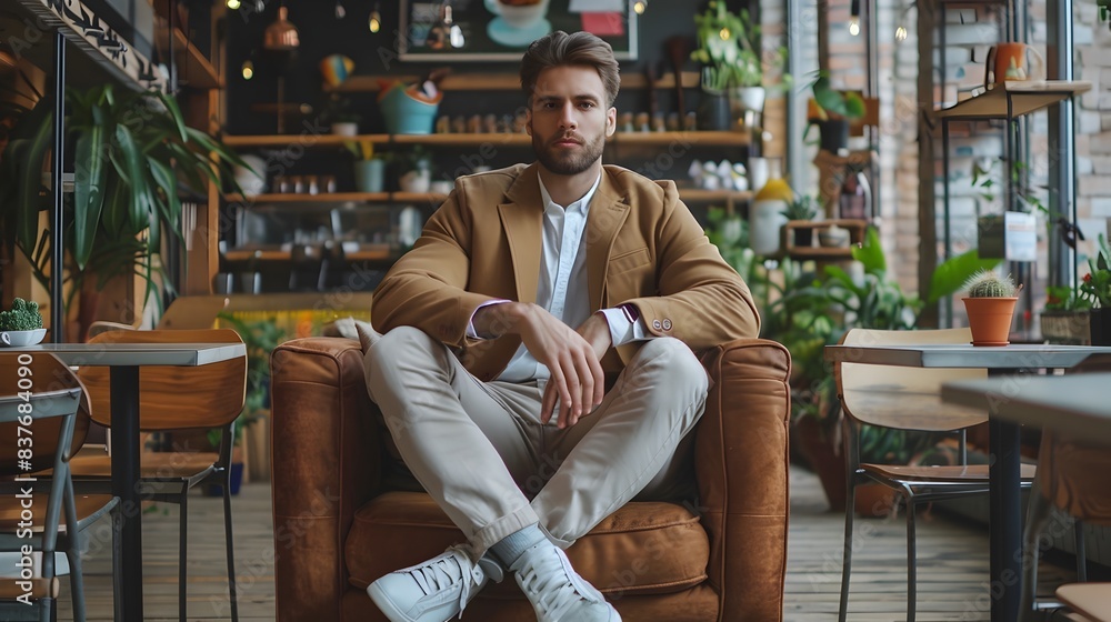 Stylish Man Enjoying a Casual Moment in a Chic Coffee Shop Setting