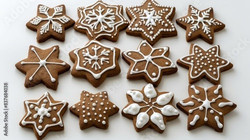  A collection of decorative cookies atop a white-clothcovered table, embellished with frosting in the form of snowflakes; each cookie crowned similarly