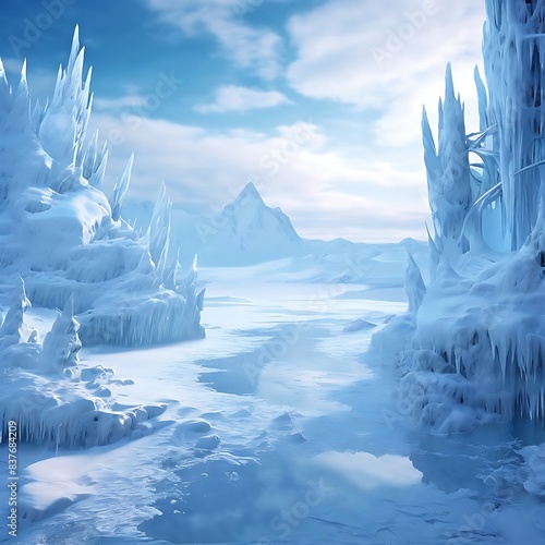An Icy realm filled with frozen covered creatures and crystalline landscapes emphasizing cold 