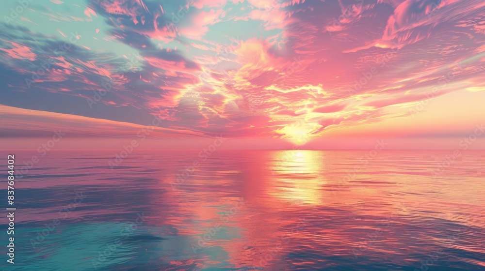 In a futuristic world, a beautiful sunset creates a stunning gradient in the sky above a calm, serene sea In a futuristic world, a beautiful sunset creates a stunning gradient in the sky above a calm, serene sea