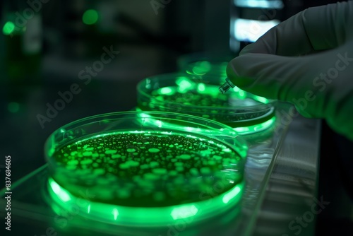 In the scientists laboratory, the petri dish of glowing green bacteria serves as a symbol of hope for a virus that could potentially save humanity © JK_kyoto