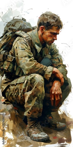 A soldier sits on the ground in a contemplative pose