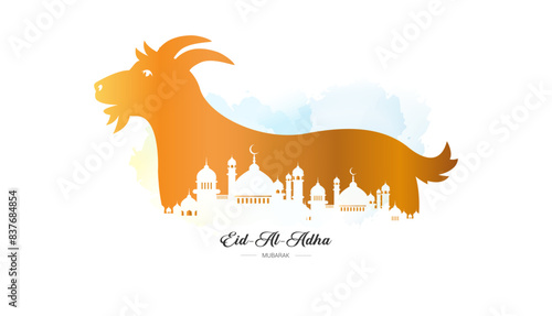 Happy bakrid wishes or Eid Al Adha Mubarak. Celebration banner with goat islamic holiday background.