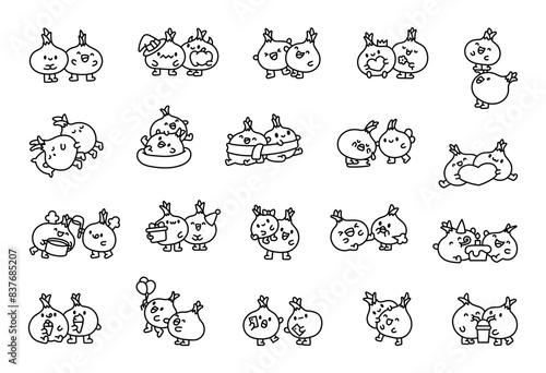 Funny couple of onions. Coloring Page. Cute charming characters. Hand drawn style. Vector drawing. Collection of design elements.
