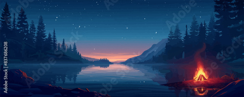 A peaceful lakeside campsite nestled among tall pine trees, with a crackling campfire under the starry night sky. Vector flat minimalistic isolated illustration.