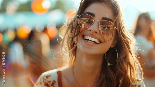 Overweight Woman Laughing Joyfully with Friends at Lively Outdoor Festival Body Positive Diversity