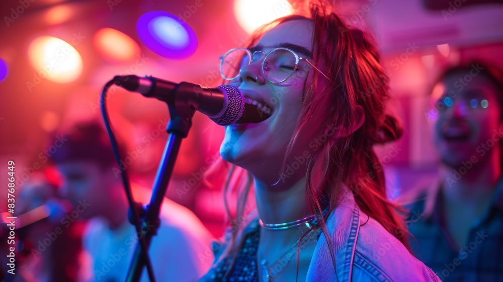 Female vocalizing into a mic for an audience Female vocalizing into a mic for an audience