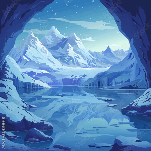 Ice-capped mountains with icy caves and crystal-clear lakes. Digital art style vector flat minimalistic isolated illustration.