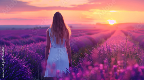 Blond woman in a white dress in a lavender field at sunset