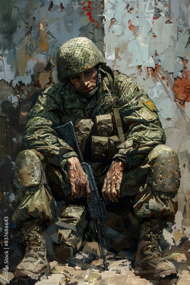 A soldier sits on the rubble of a destroyed building. A soldier sits on the rubble of a destroyed building.