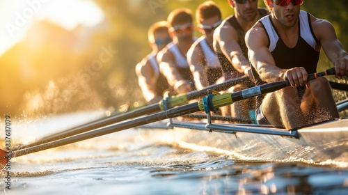 An intense moment captured of a rowing team in action during a golden hour
