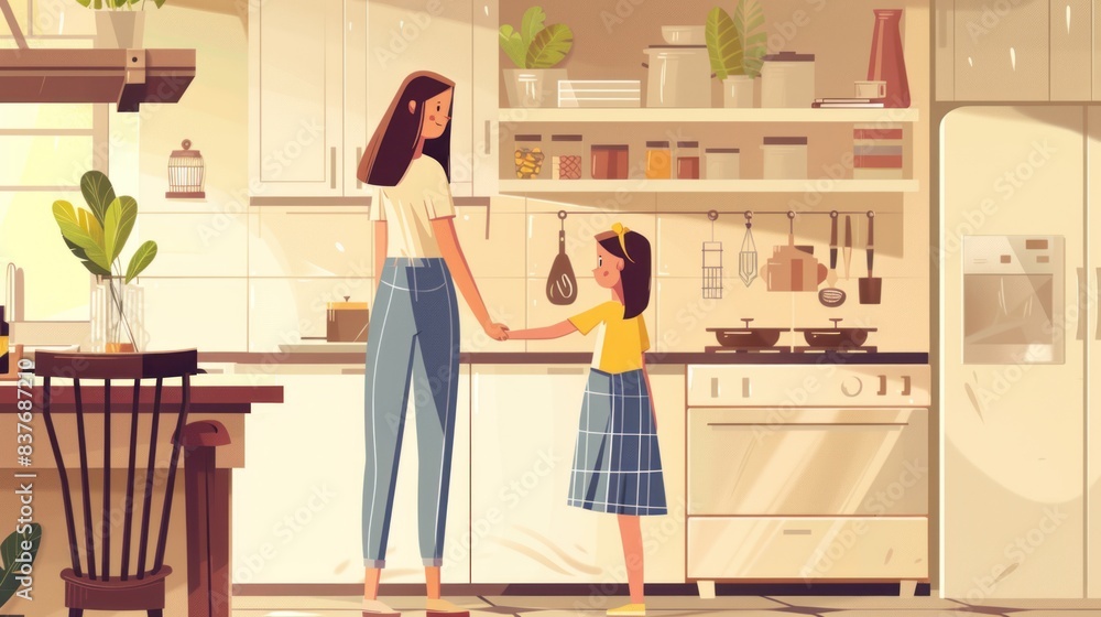 Mother happily holding hands with her daughter in the kitchen. Cartoon illustration Mother happily holding hands with her daughter in the kitchen. Cartoon illustration