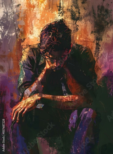 A painting of a man sitting on the floor with his hands on his face