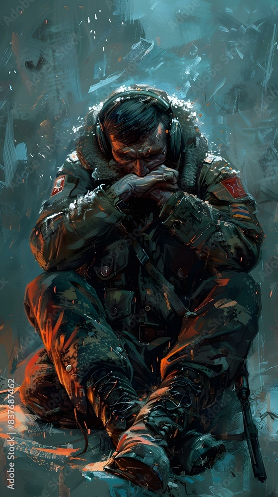 Fototapeta premium Soldier sitting on the ruins of war