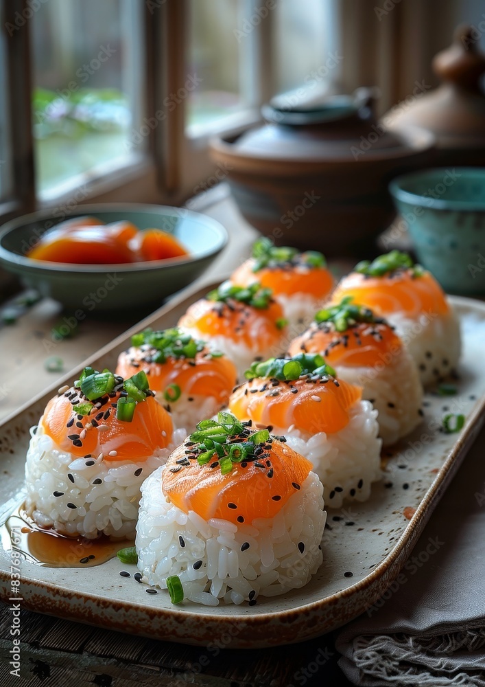 Onigiri - Rice balls wrapped in nori, filled with salmon, pickled plum, or tuna. Onigiri - Rice balls wrapped in nori, filled with salmon, pickled plum, or tuna.