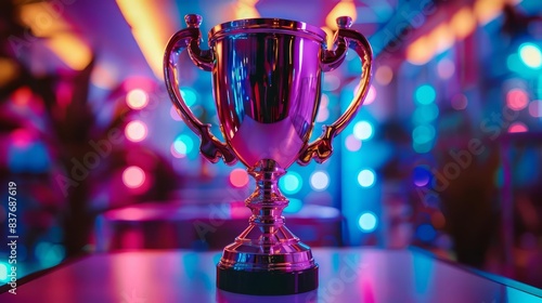 The trophy on display in a studio, casting a soft, blurred background with colorful neon lights photo