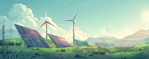 Wind turbines and solar panels. vector simple illustration