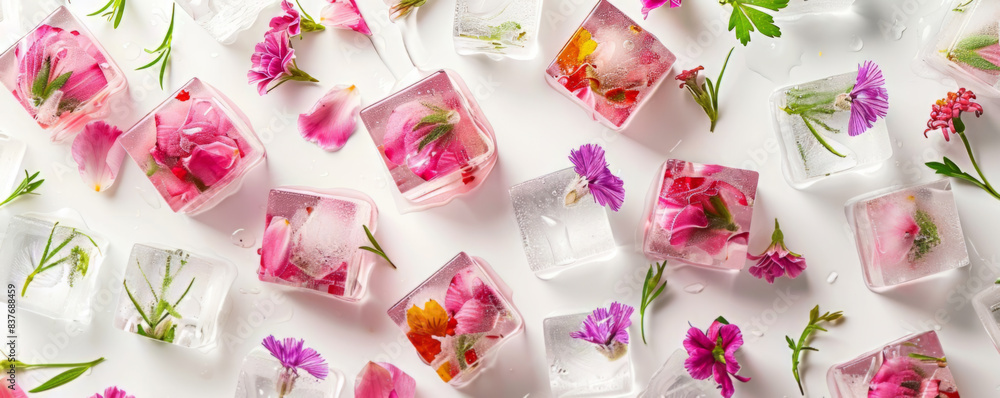 Floral Ice Blocks on White Surface