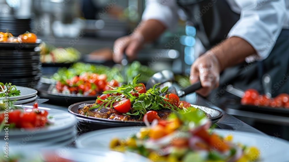 Creative Culinary Presentation: Illustrate the artistry of culinary presentation with a close-up of a beautifully plated dish,