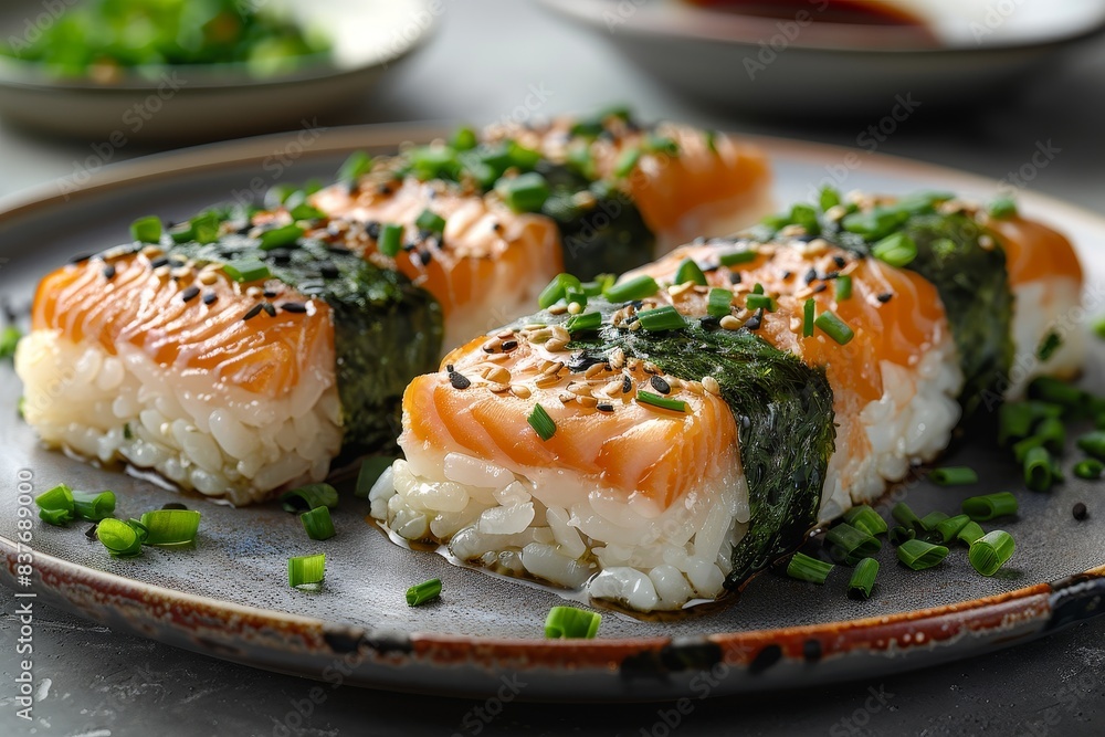 Onigiri - Rice balls wrapped in nori, filled with salmon, pickled plum, or tuna. Onigiri - Rice balls wrapped in nori, filled with salmon, pickled plum, or tuna.