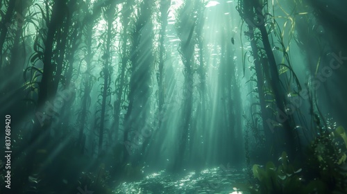 An enchanting underwater forest of kelp, with sunlight filtering through the tall, swaying plants and creating a surreal and tranquil scene