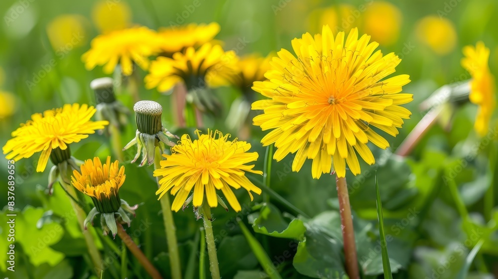 A field brimming with yellow dandelions Green leaves populate the foreground The midfield showcases yellow dandelions in soft focus against a blurred backdrop A field brimming with yellow dandelions Green leaves populate the foreground The midfield showcases yellow dandelions in soft focus against a blurred backdrop