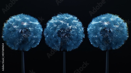  A trio of blue dandelions atop a metal pole against a black backdrop The dandelions mirror in their central reflection photo